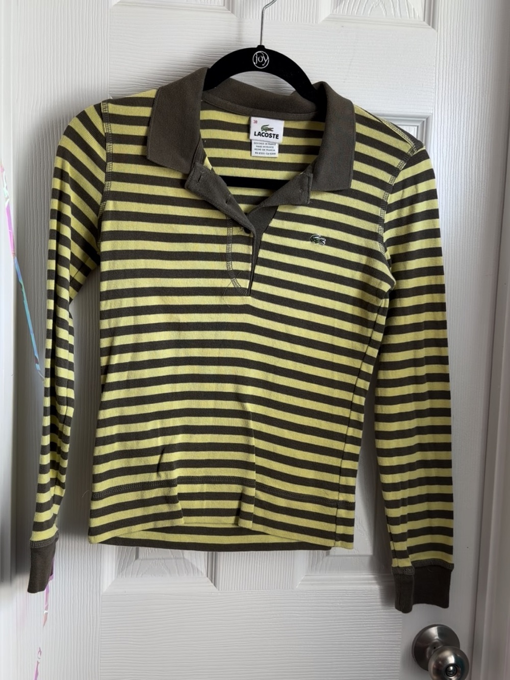 Lacoste Chartreuse and Olive Green Striped Cotton Long Sleeve Polo- Size S